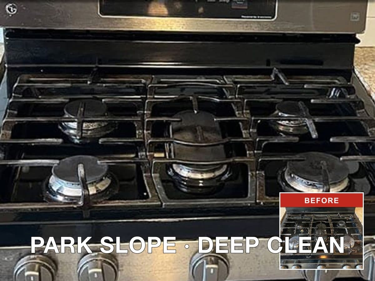 Brago-rendered before/after proof image of a gas stovetop deep clean in Park Slope, with the main after shot showing spotless burners and a corner inset of the greasy before state.