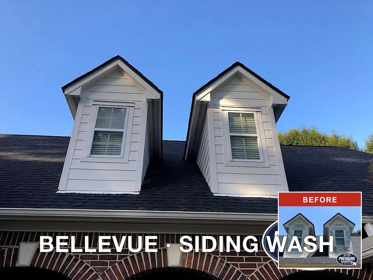 Brago-rendered before/after proof image of a Bellevue house siding wash, with the main after shot showing clean siding and a corner inset of the algae-streaked before state.