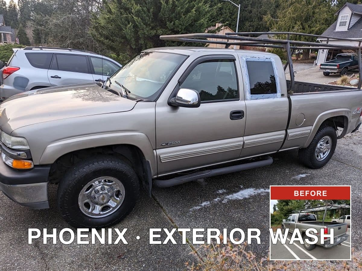 Brago-rendered before/after proof image of a Phoenix Silverado exterior detail, with the main after shot showing a glossy clean truck and a corner inset of the dusty before state.